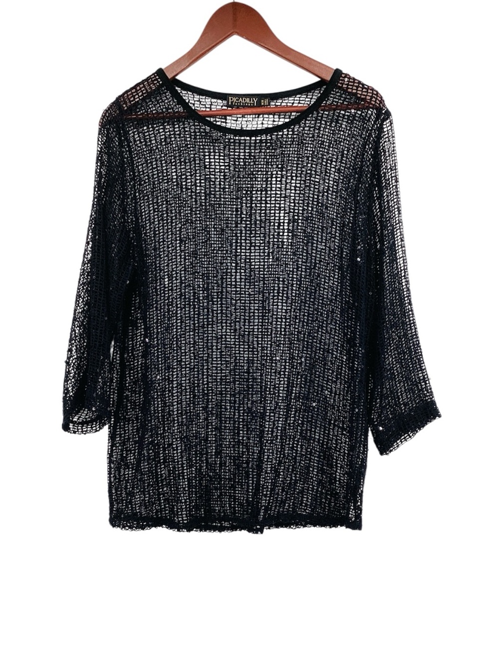 🐵 Picadilly Black Sheer Knit Women’s Top With Sparkle, Size M